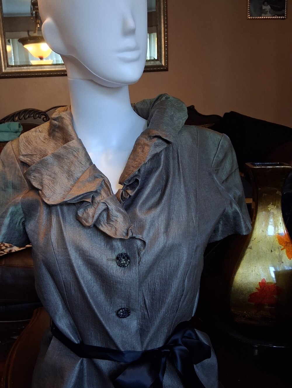 dressbarn Metallic Gray Ruffle Collar Button-Down Top